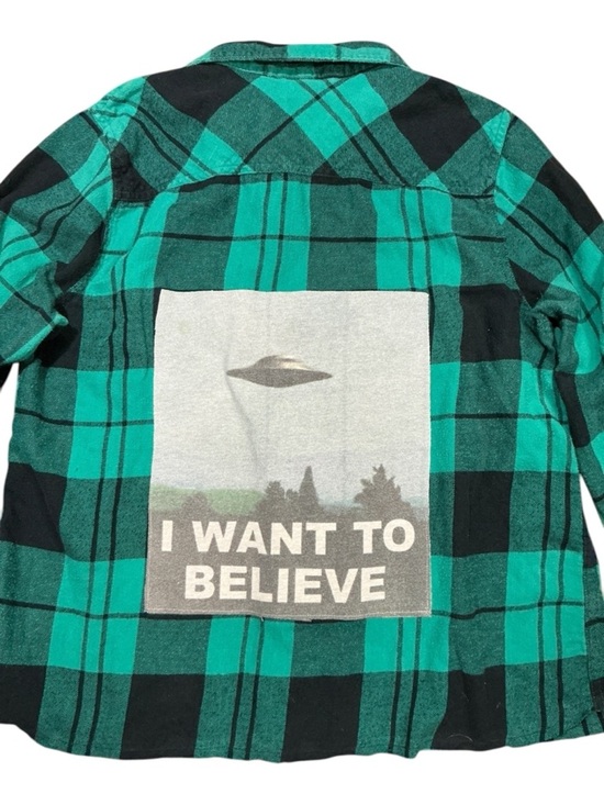 None Tops - Alien UFO Spaceship Flannel Upcycled Tee Shirt Top